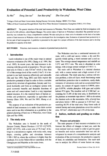 Evaluation of Potential Land Productivity in Wulushan, West China