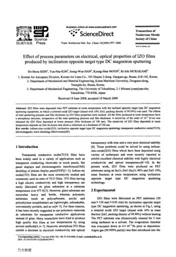 Effect of process parameters on electrical, optical properties of IZO films produced by inclination 
