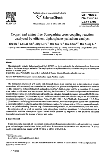 Copper and amine free Sonogashira cross-coupling reaction catalyzed by efficient diphosphane-palladi
