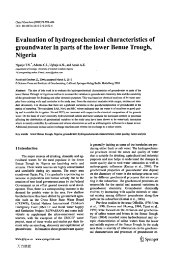 Evaluation of hydrogeochemical characteristics of groundwater in parts of the lower Benue Trough, Ni