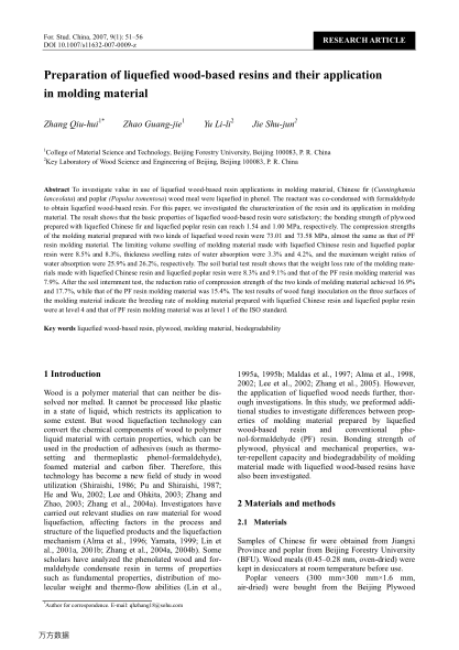 Preparation of liquefied wood-based resins and their application in molding material
