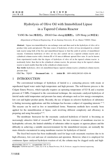 Hydrolysis of Olive Oil with Immobilized Lipase in a Tapered Column Reactor