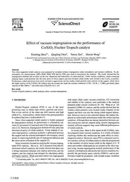 Effect of vacuum impregnation on the performance of Co/SiO2 Fischer-Tropsch catalyst