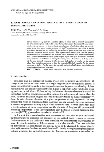 STRESS RELAXATION AND RELIABILITY EVALUATION OF SODA-LIME GLASS