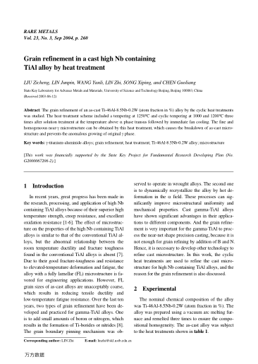 Grain refinement in a cast high Nb containing TiAl alloy by heat treatment