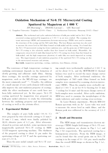 Oxidation Mechanism of Ni-0.5Y Microcrystal CoatingSputtered by Magnetron at 1 000 ℃