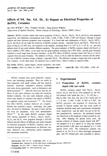 Effects of Nd, Sm, Gd, Dy, Er Dopant on Electrical Properties of BaTiO3 Ceramics