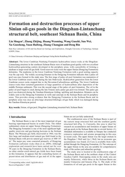 Formation and destruction processes of upper Sinian oil-gas pools in the Dingshan-Lintanchang struct