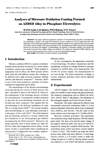 Analyses of Microarc Oxidation Coating Formed on AZ91D Alloy in Phosphate Electrolytes
