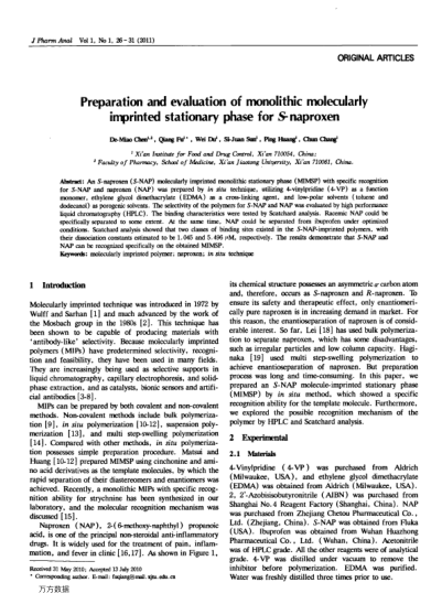 Preparation and evaluation of monolithic molecularly imprinted stationary phase for S-naproxen
