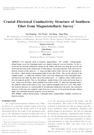 Crustal Electrical Conductivity Structure of Southern Tibet from Magnetotelluric Survey