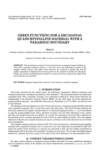 GREEN FUNCTIONS FOR A DECAGONAL QUASICRYSTALLINE MATERIAL WITH A PARABOLIC BOUNDARY