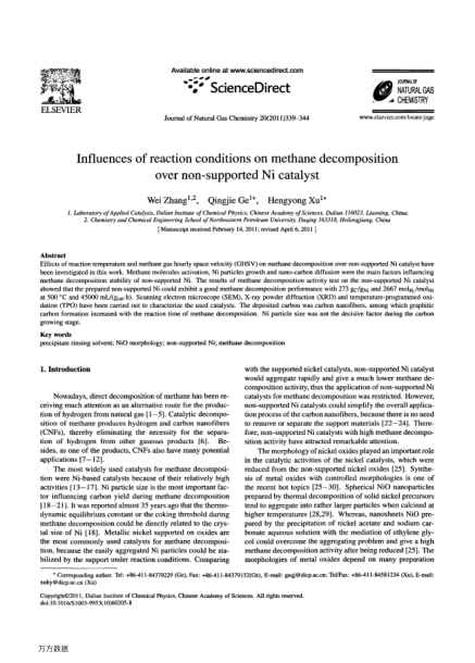 Influences of reaction conditions on methane decomposition over non-supported Ni catalyst
