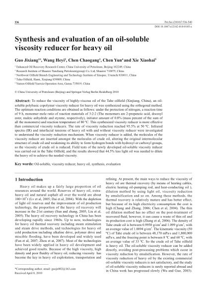 Synthesis and evaluation of an oil-soluble viscosity reducer for heavy oil