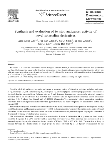 Synthesis and evaluation of in vitro anticancer activity of novel solasodine derivatives