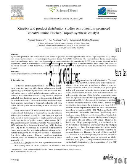 Kinetics and product distribution studies on ruthenium-promoted cobalt/alumina Fischer-Tropsch synth