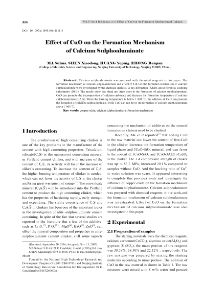 Effect of CuO on the Formation Mechanism of Calcium Sulphoaluminate