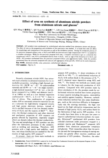 Effect of urea on synthesis of aluminum nitride powders from aluminum nitrate and glucose