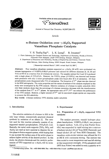 n-Butane Oxidation over γ-Al2O3 Supported Vanadium Phosphate Catalysts