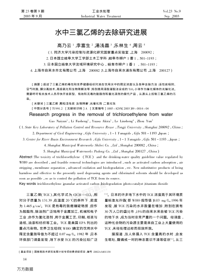 水中三氯乙烯的去除研究進(jìn)展