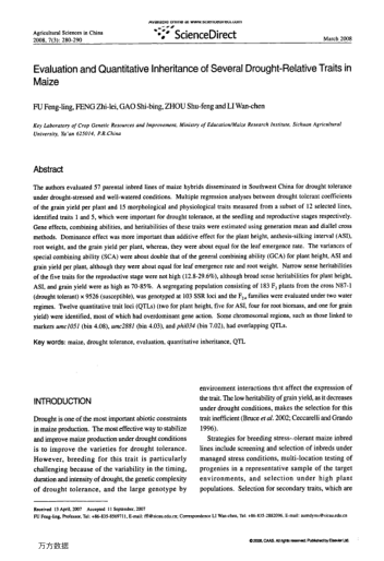 Evaluation and Quantitative Inheritance of Several Drought-Relative Traits in Maize