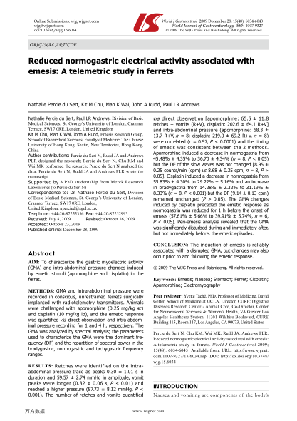 Reduced normogastric electrical activity associated with emesis: A telemetric study in ferrets