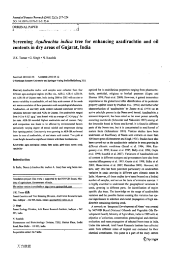 Screening Azadirachta indica tree for enhancing azadirachtin and oil contents in dry areas of Gujara