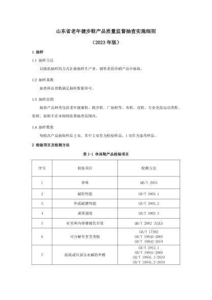山東省老年健步鞋產(chǎn)品質(zhì)量監(jiān)督抽查實(shí)施細(xì)則（2023年版）