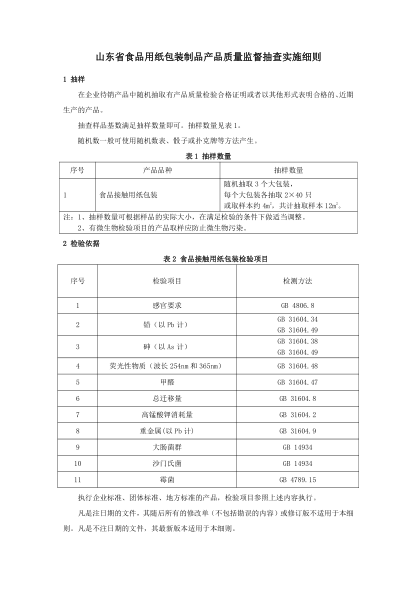 山東省食品用紙包裝制品產(chǎn)品質(zhì)量監(jiān)督抽查實施細(xì)則（2022年版）
