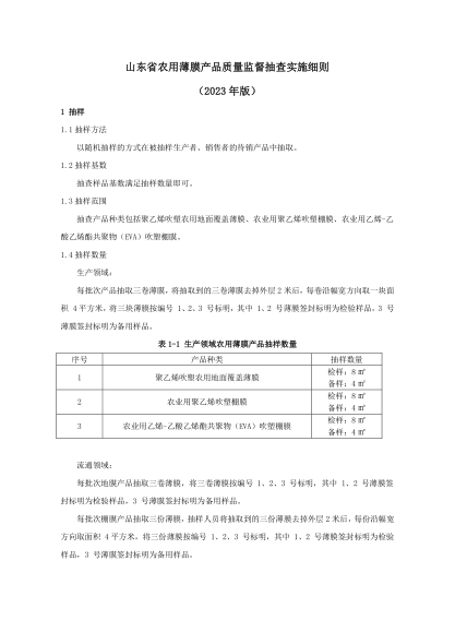 山東省農(nóng)用薄膜產(chǎn)品質(zhì)量監(jiān)督抽查實施細則（2023年版）