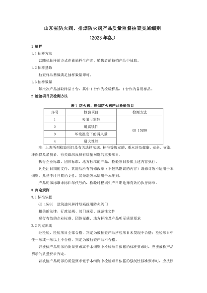 山東省防火閥、排煙防火閥產(chǎn)品質(zhì)量監(jiān)督抽查實(shí)施細(xì)則（2023年版）