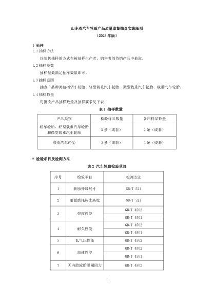 山東省汽車輪胎產(chǎn)品質(zhì)量監(jiān)督抽查實施細(xì)則（2023年版）