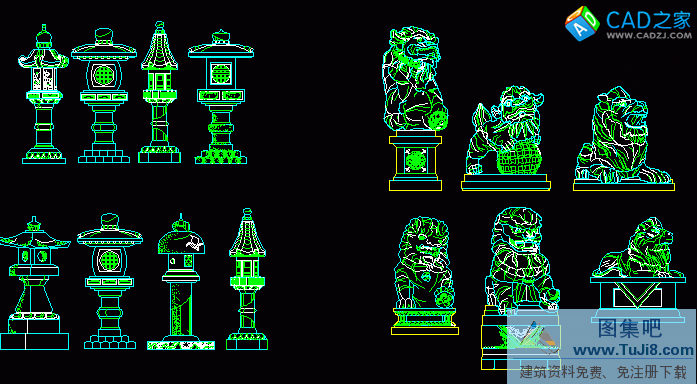 獅子雕塑、經(jīng)幢雕塑CAD圖