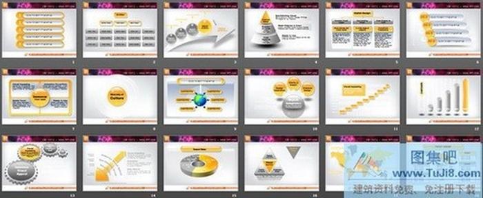 黃色套系的幻燈片圖表模板打包下載