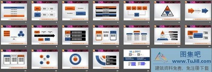 一組橙色白色藍(lán)色組合的幻燈片圖表模板打包下載