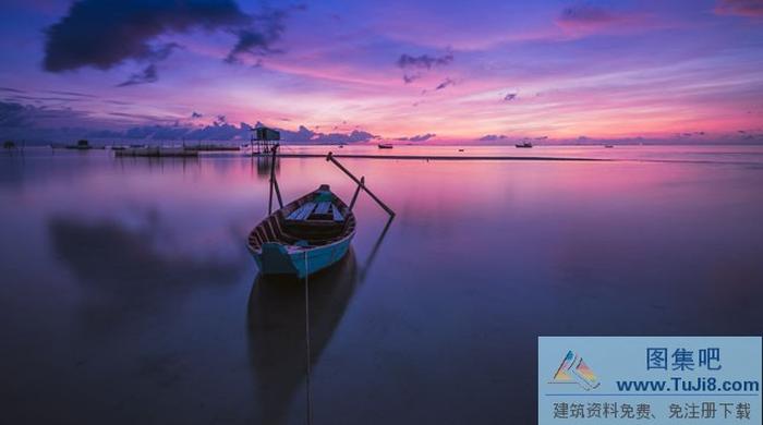 彩霞和漁船PPT背景圖片下載