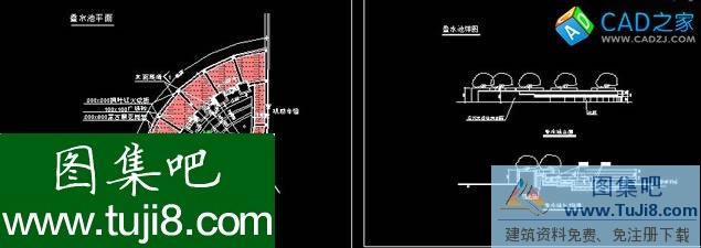 疊水池施工圖 包括疊水池平面圖，剖面圖，立面圖