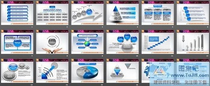 藍色3d立體水晶風格幻燈片圖表模板打包下載