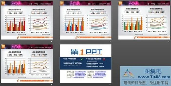 一組幻燈片折線圖與柱狀圖組合PPT模板