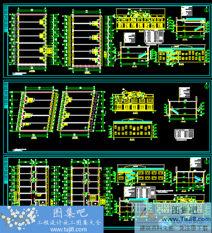三棟二層臨街小店面CAD施工圖紙