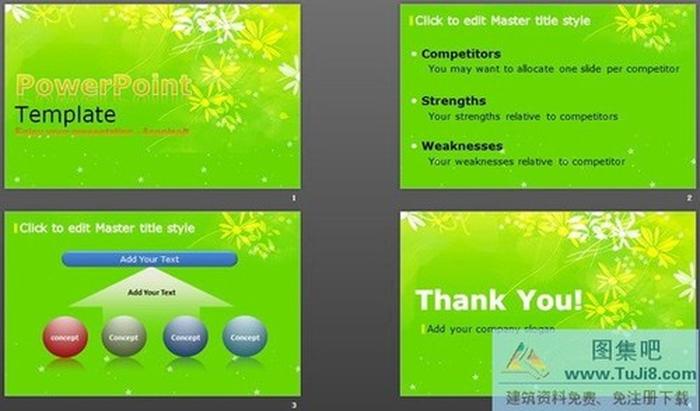 綠色背景花朵PPT模板下載