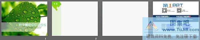 清新綠色葉子水滴背景的植物幻燈片模板下載