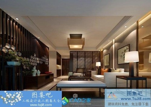 融僑花園三居室新中式CAD施工圖+效果圖